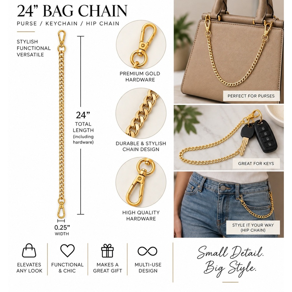 NWOT Bag Chain 24 inch Gold-Tone Purse Keychain Hip Chain Accessory
